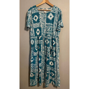 Vintage Chorus Line Womens Maxi Dress Size 2X Teal Geometric Artsy Lagenlook 80s